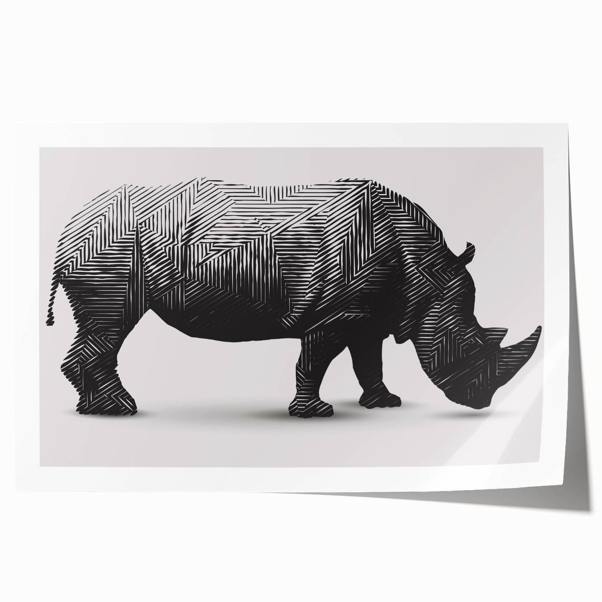 Rhinoceros wall art design featuring a vibrant depiction of a rhinoceros in a natural setting, ideal for wildlife enthusiasts and home decor. The rolled print showcases intricate details and earthy tones, perfect for adding a touch of nature-inspired elegance to any space.
