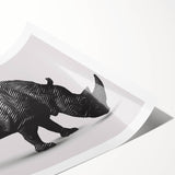Detailed illustration of a rhinoceros against a vibrant landscape, showcasing intricate details and rich colors, perfect for wildlife-themed home decor.