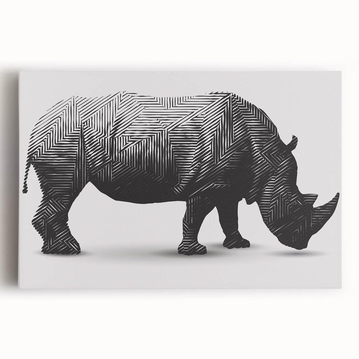 Front view of a stretched canvas wall art featuring a detailed illustration of a rhinoceros, showcasing vibrant colors and intricate textures, ideal for wildlife enthusiasts.