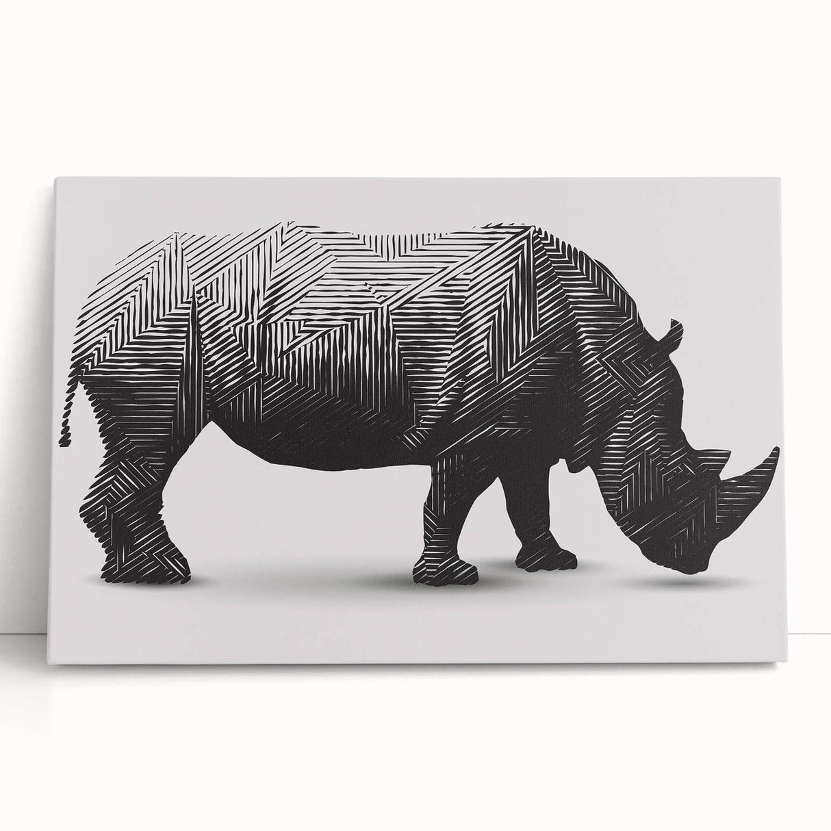 Stretched canvas wall art showcasing a detailed illustration of a rhinoceros in a vibrant jungle setting, ideal for animal lovers and wildlife enthusiasts.
