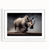 Framed wall art featuring a striking rhinoceros design, showcasing intricate details in a modern black frame with a white mat, perfect for wildlife enthusiasts and home decor.