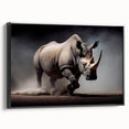 Framed canvas wall art showcasing a side view of a rhinoceros against a black background, capturing intricate details and textures, perfect for wildlife enthusiasts' decor.