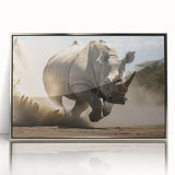 Framed acrylic wall art featuring a detailed front view of a rhinoceros, showcasing its textured skin and striking features, perfect for wildlife enthusiasts.
