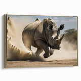 Side view of a framed canvas featuring an elegant gold-accented rhinoceros design, ideal for wildlife-themed decor, showcasing intricate details and vibrant colors.