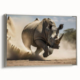 Silver-framed canvas wall art showcasing a side view of a rhinoceros in a stylized design, emphasizing wildlife conservation and modern decor aesthetics.