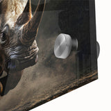 Close-up view of a stunning acrylic wall art piece featuring a detailed rhinoceros design, showcasing intricate textures and vibrant colors, ideal for wildlife enthusiasts.