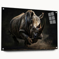 Side view of a rhinoceros wall art piece, showcasing vibrant colors and intricate design details, crafted with acrylic glass, perfect for wildlife enthusiasts.