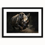 Rhinoceros wall art design in a sleek black frame, showcasing intricate details and a modern aesthetic, perfect for wildlife enthusiasts and interior decor.