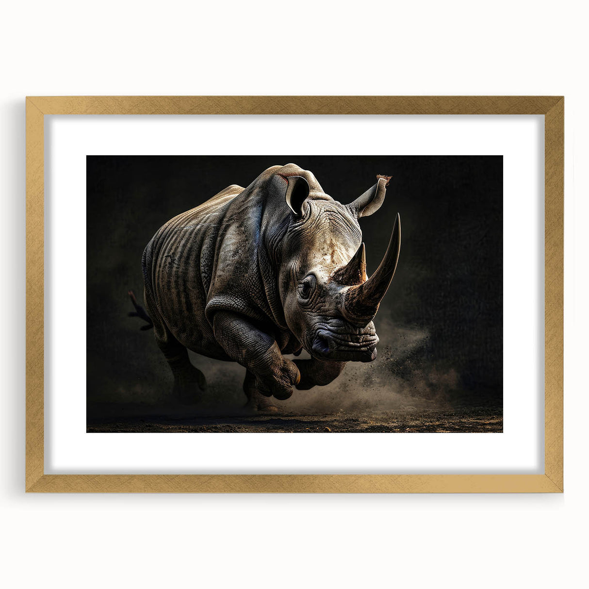 Elegant gold-framed wall art featuring a detailed front view of a rhinoceros, showcasing intricate design elements and vibrant colors, perfect for wildlife enthusiasts.