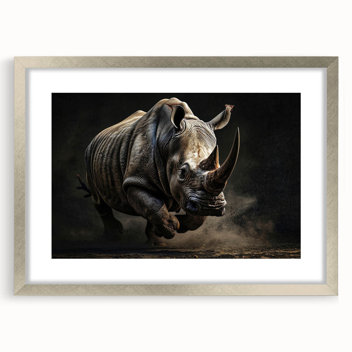 Framed wall art showcasing a striking rhinoceros design in silver, elegantly matted, perfect for wildlife enthusiasts and modern decor, enhancing any room's aesthetic.