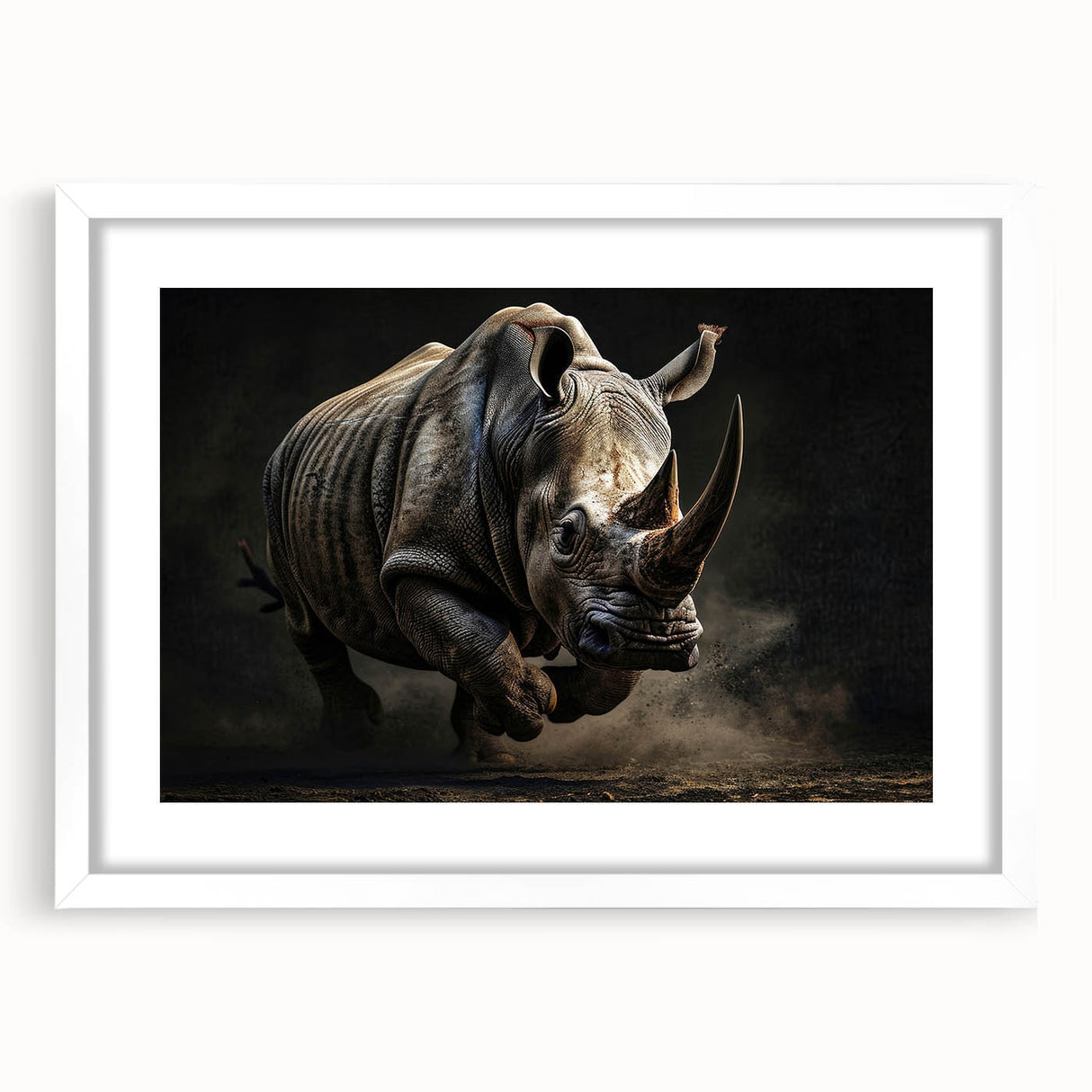 Rhinoceros wall art design in a sleek white frame, showcasing a bold, artistic representation of wildlife. Ideal for nature lovers and modern decor enthusiasts.