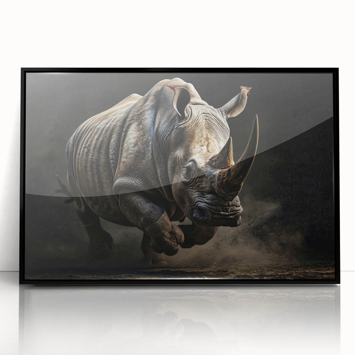 Framed wall art featuring a detailed black-front view of a rhinoceros design, showcasing vibrant colors and intricate details, ideal for wildlife enthusiasts' decor.