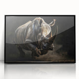 Framed wall art featuring a detailed black-front view of a rhinoceros design, showcasing vibrant colors and intricate details, ideal for wildlife enthusiasts' decor.