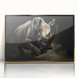 Framed acrylic wall art depicting a front view of a rhinoceros, featuring a gold accent design, ideal for animal lovers and wildlife decor enthusiasts.