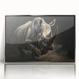 Framed wall art showcasing a silver-accented rhinoceros design, perfect for wildlife enthusiasts, adding a modern touch to home decor. Ideal for animal lovers and art collectors.
