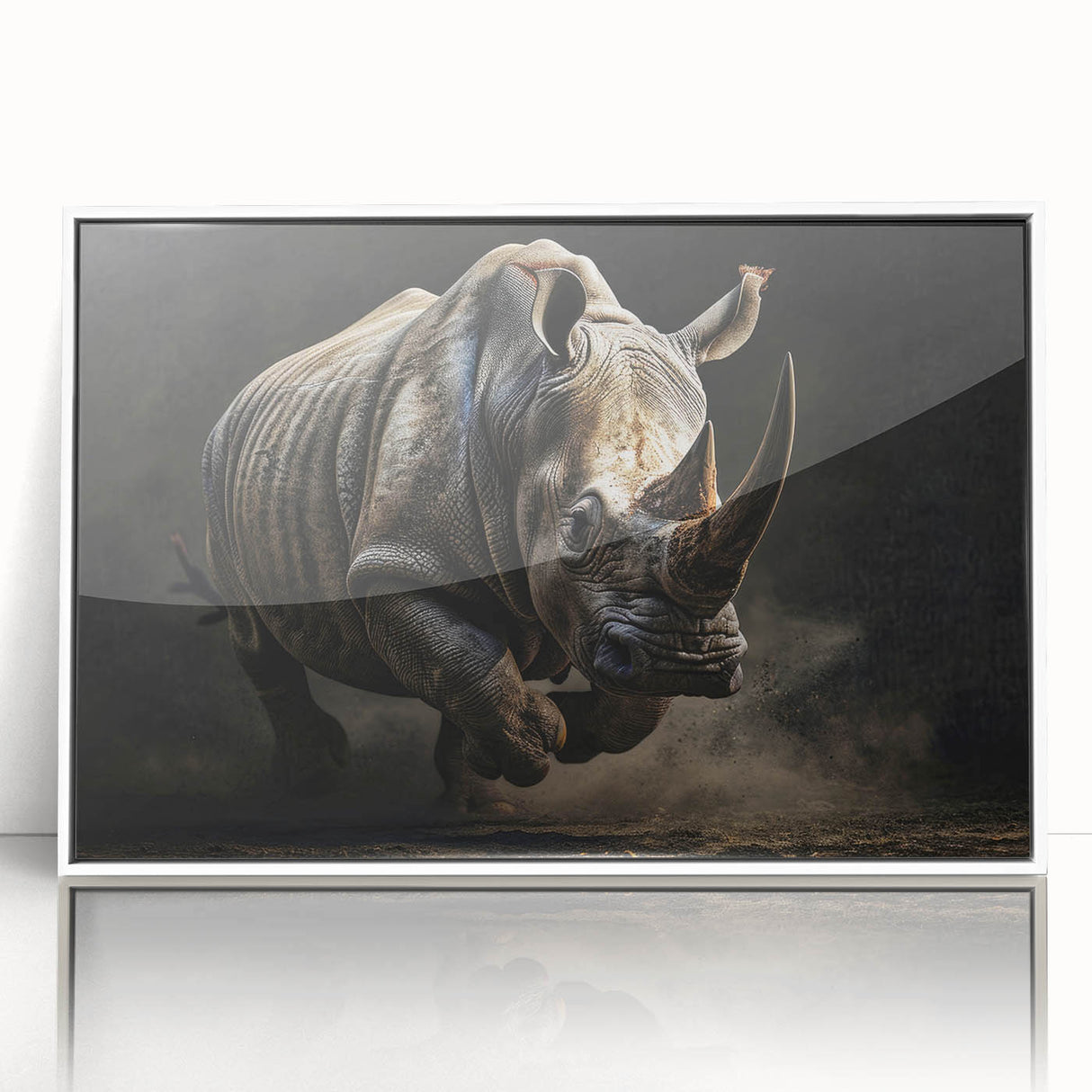 Framed wall art featuring a front view of a stylized rhinoceros design, showcasing intricate details and vibrant colors on a white background, perfect for wildlife enthusiasts.