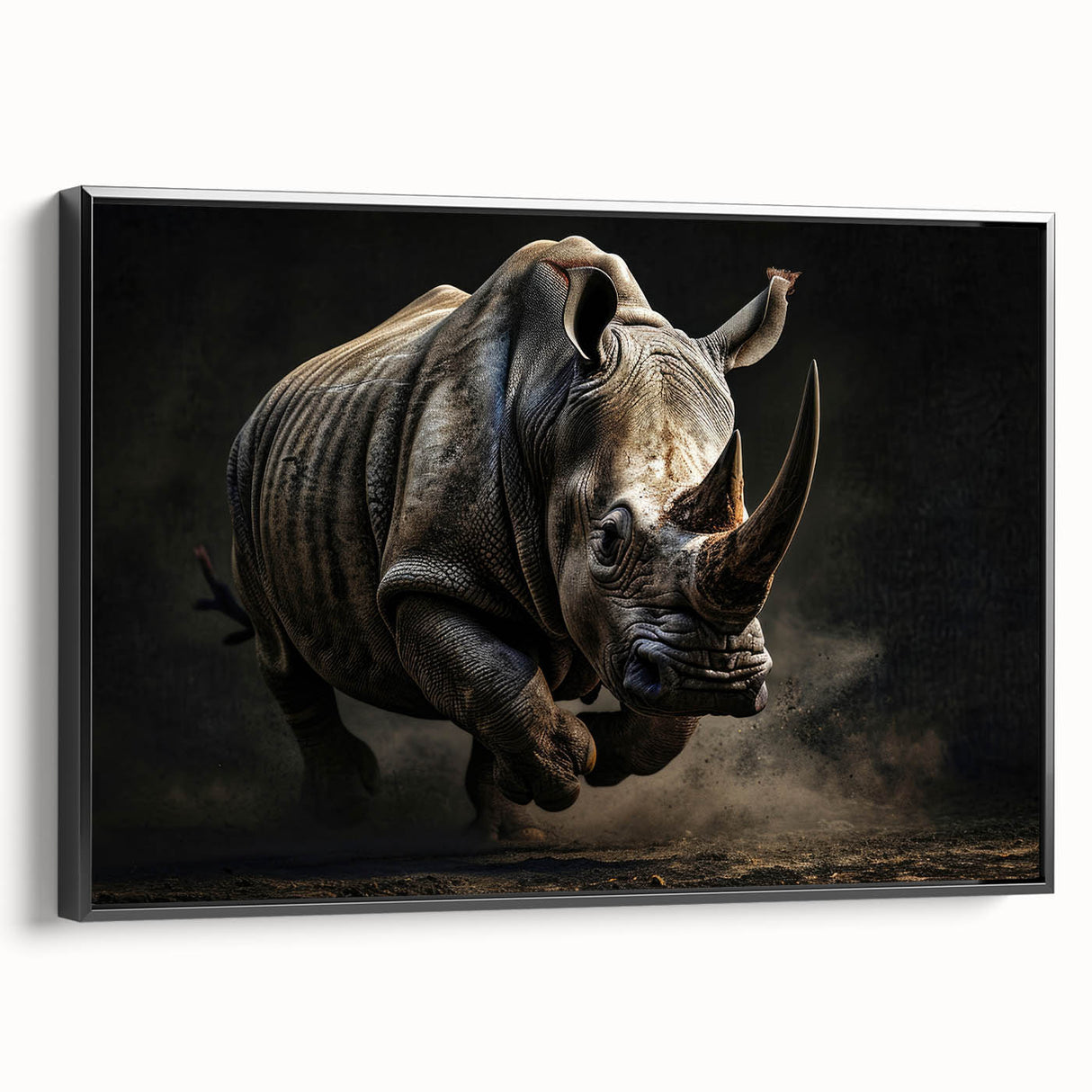 Framed canvas wall art featuring a side view of a rhinoceros against a black background, showcasing intricate animal design. Ideal for wildlife decor enthusiasts.