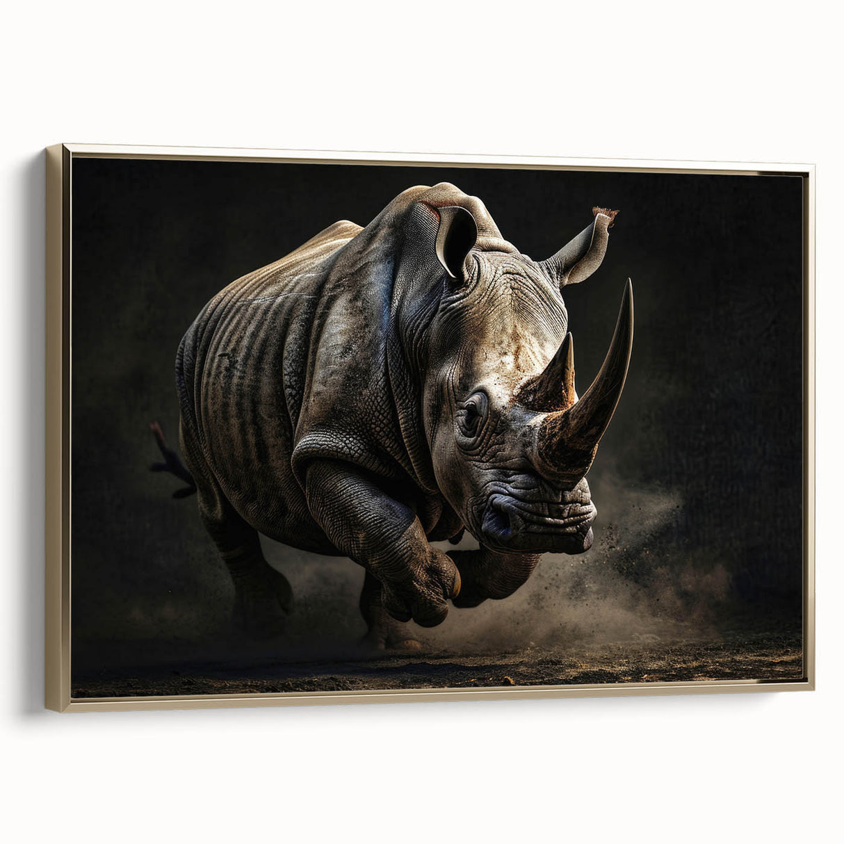 Framed canvas wall art featuring a side view of a majestic rhinoceros in a golden color palette, showcasing intricate details and textures, perfect for wildlife enthusiasts.