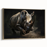 Framed canvas wall art featuring a side view of a majestic rhinoceros in a golden color palette, showcasing intricate details and textures, perfect for wildlife enthusiasts.