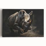 Rhinoceros wall art design displayed on stretched canvas, showcasing intricate details and vibrant colors, perfect for wildlife enthusiasts and eco-friendly decor.