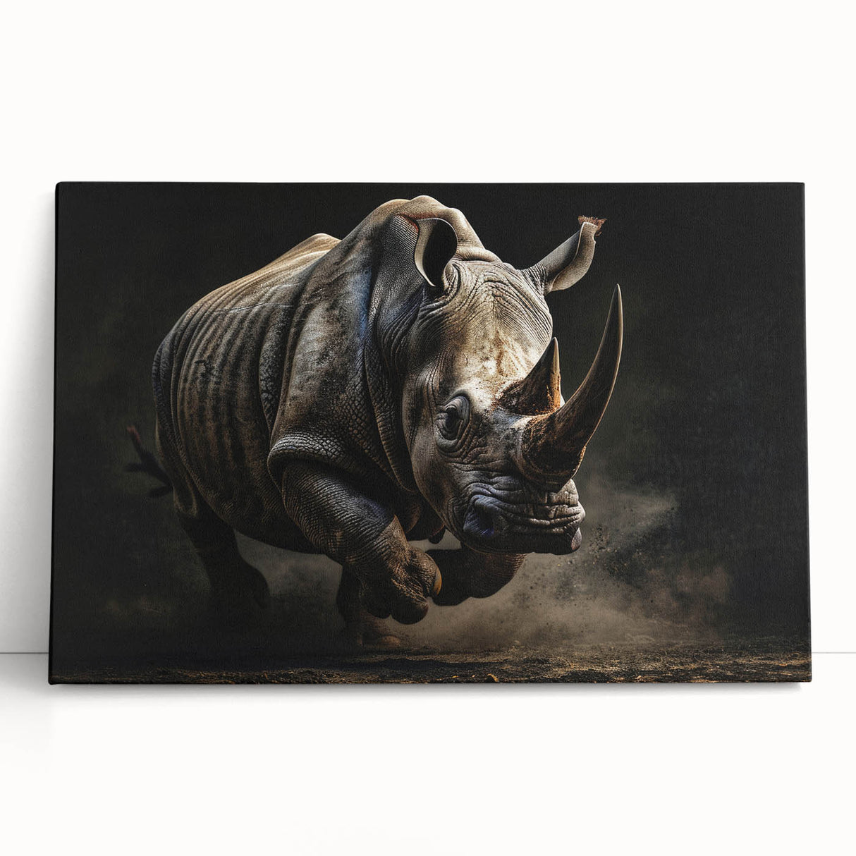 Stretched canvas wall art showcasing a detailed design of a rhinoceros in a natural setting, perfect for wildlife enthusiasts and home decor.