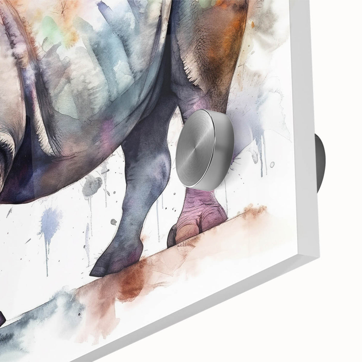 Close-up of a striking acrylic glass wall art piece featuring a detailed design of a rhinoceros, showcasing its textured skin and powerful stance, perfect for wildlife enthusiasts.
