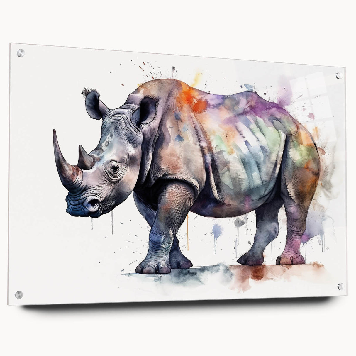 Side view of a rhinoceros wall art design, featuring vibrant colors and intricate details on acrylic glass, showcasing wildlife artistry in a modern setting.