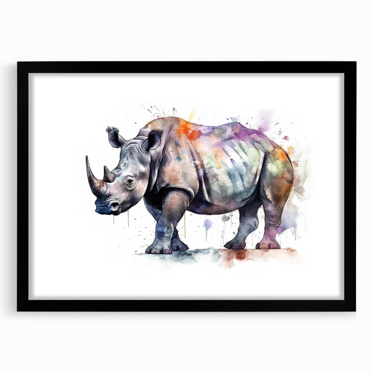 Black-framed wall art featuring a striking rhinoceros design, showcasing intricate details and textures, ideal for wildlife enthusiasts and home decor.