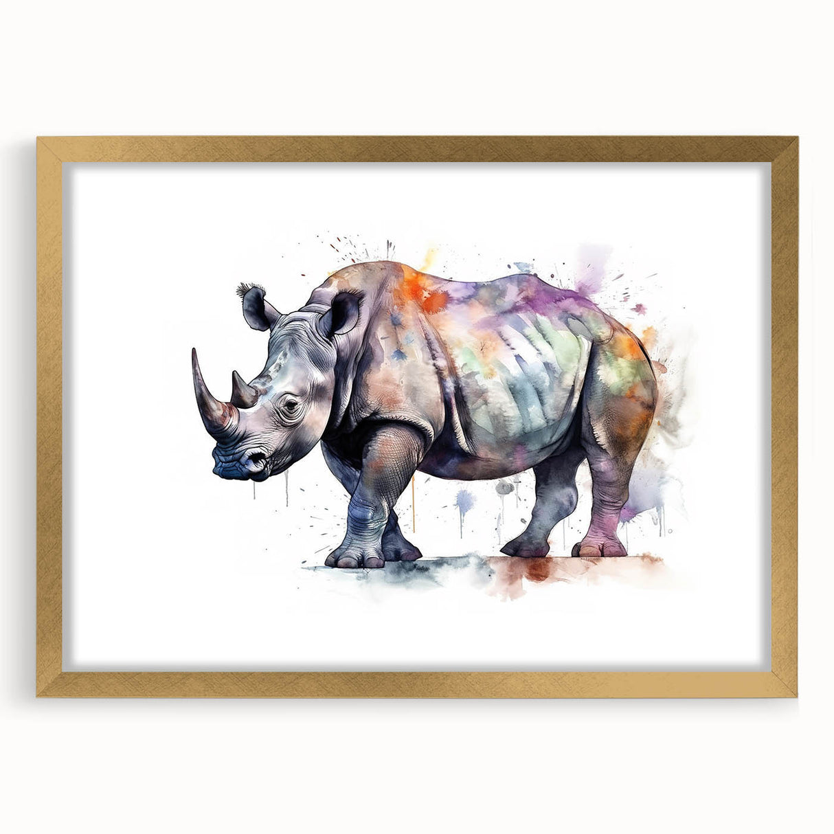 Gold-framed wall art featuring a striking rhinoceros design from the Animals A Wild Life collection, showcasing intricate details against a soft mat backdrop. Perfect for adding a touch of wildlife elegance to any room.
