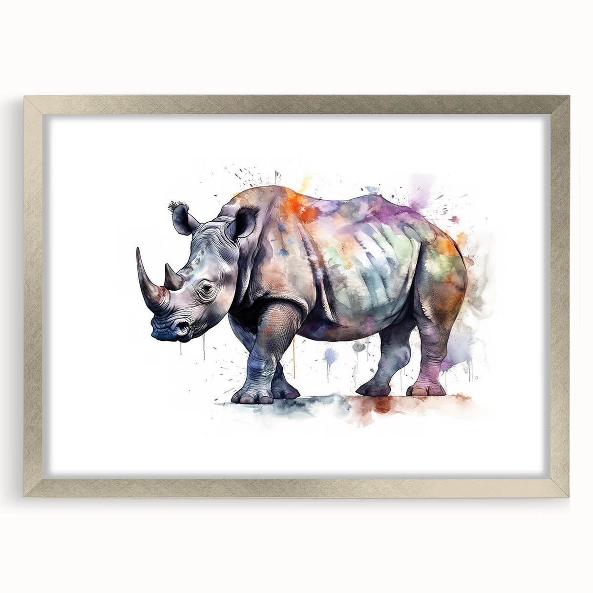 Framed wall art showcasing a detailed silver rhinoceros design, set against a sleek mat, perfect for wildlife enthusiasts and modern decor. Ideal for enhancing living spaces.