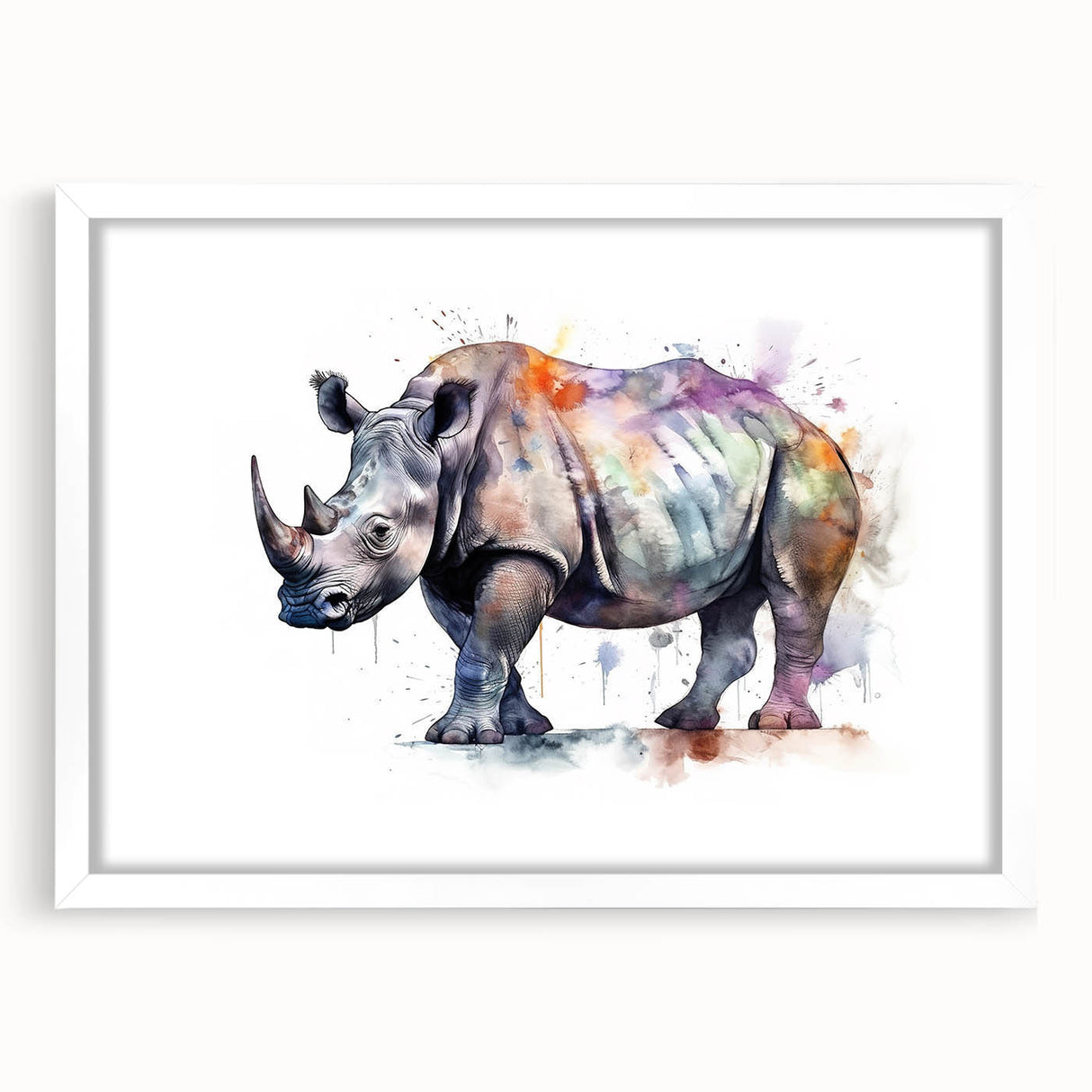 White-framed wall art showcasing a striking rhinoceros design, highlighting intricate details and vibrant colors, perfect for wildlife enthusiasts and home decor.
