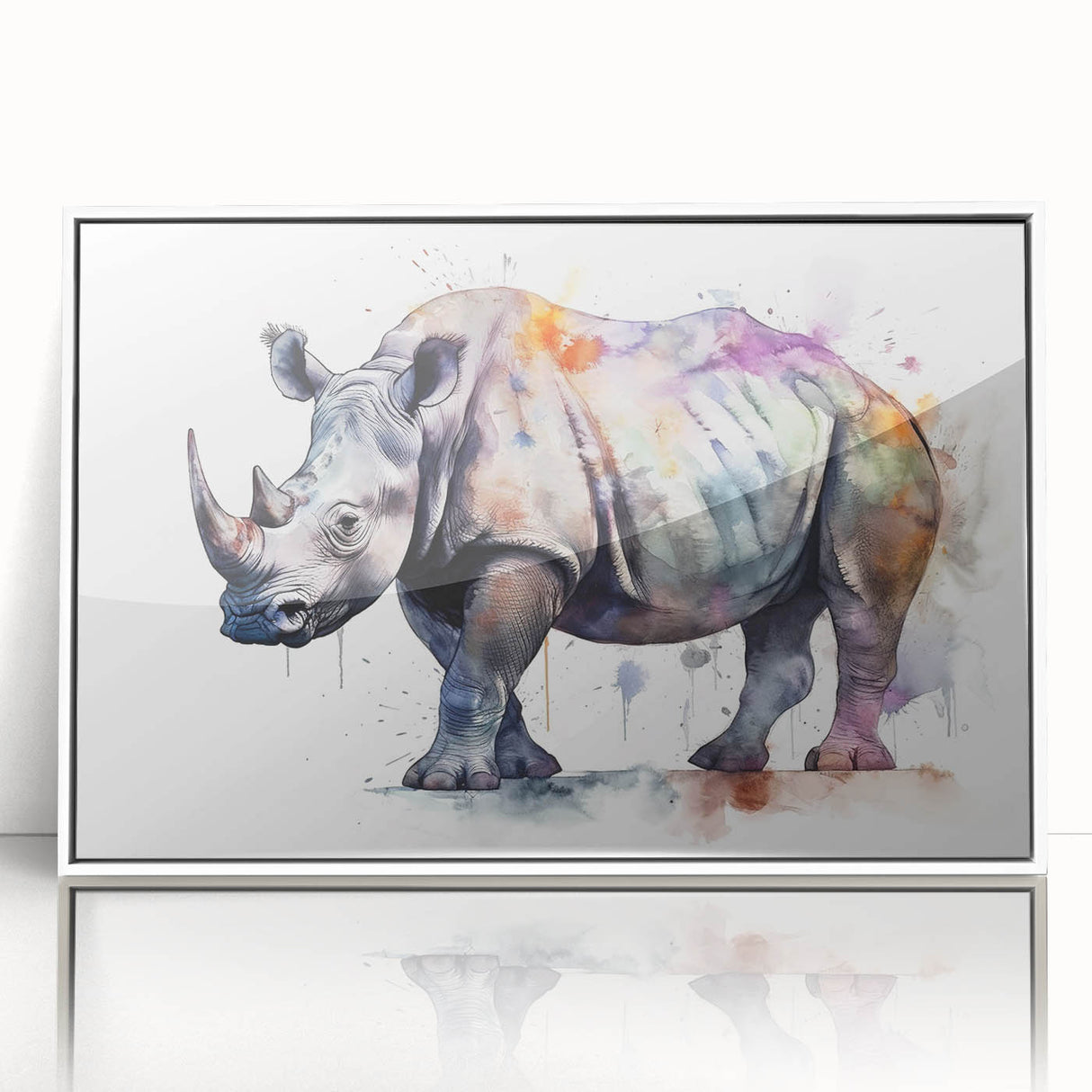 Framed acrylic wall art featuring a stylized rhinoceros design against a white background, perfect for wildlife enthusiasts and modern decor. Ideal for enhancing interior spaces with a touch of nature.