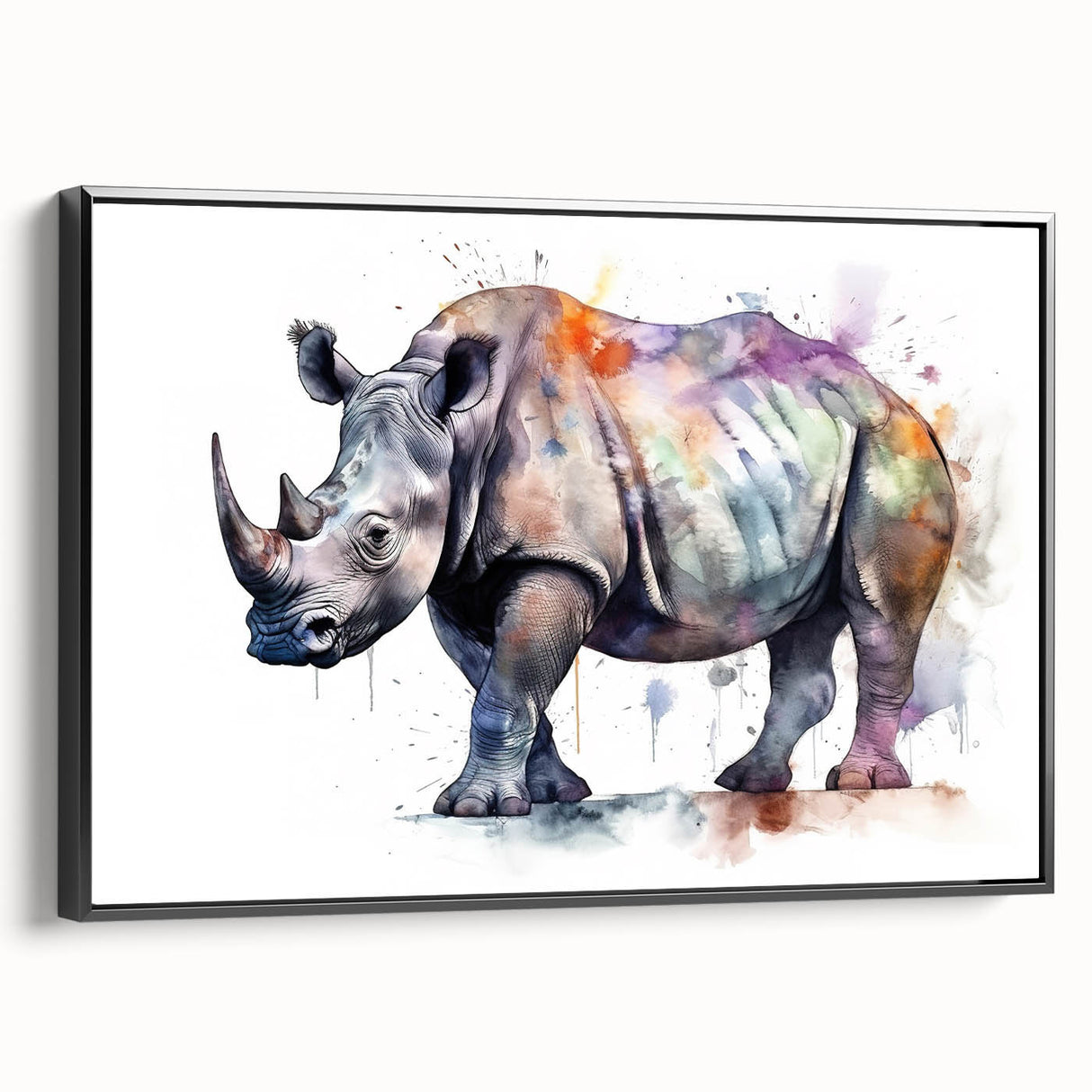 Framed wall art featuring a side view of a black rhinoceros, showcasing intricate details and textures in a minimalist design, ideal for wildlife enthusiasts.
