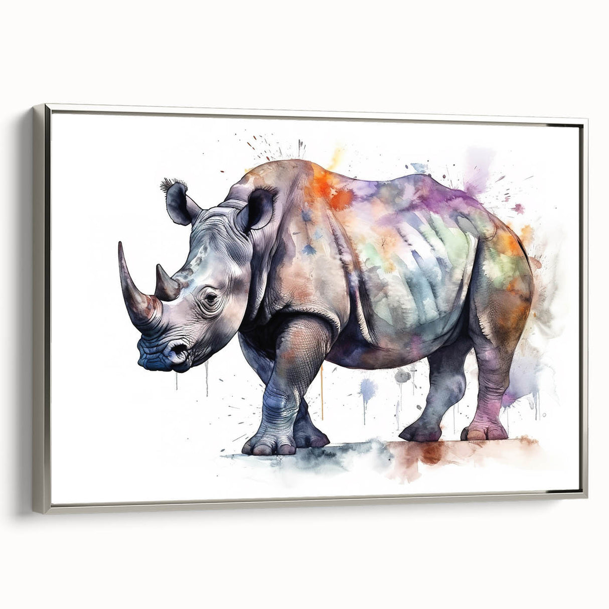 Framed canvas wall art showcasing a side view of a silver rhinoceros design, highlighting intricate details and textures, perfect for wildlife enthusiasts and modern decor.