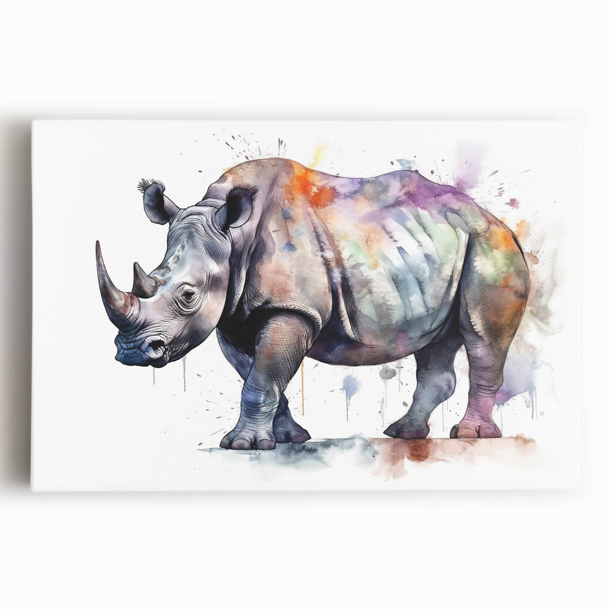 Stretched canvas wall art featuring a striking front view of a rhinoceros, showcasing intricate details and natural colors, perfect for wildlife enthusiasts.