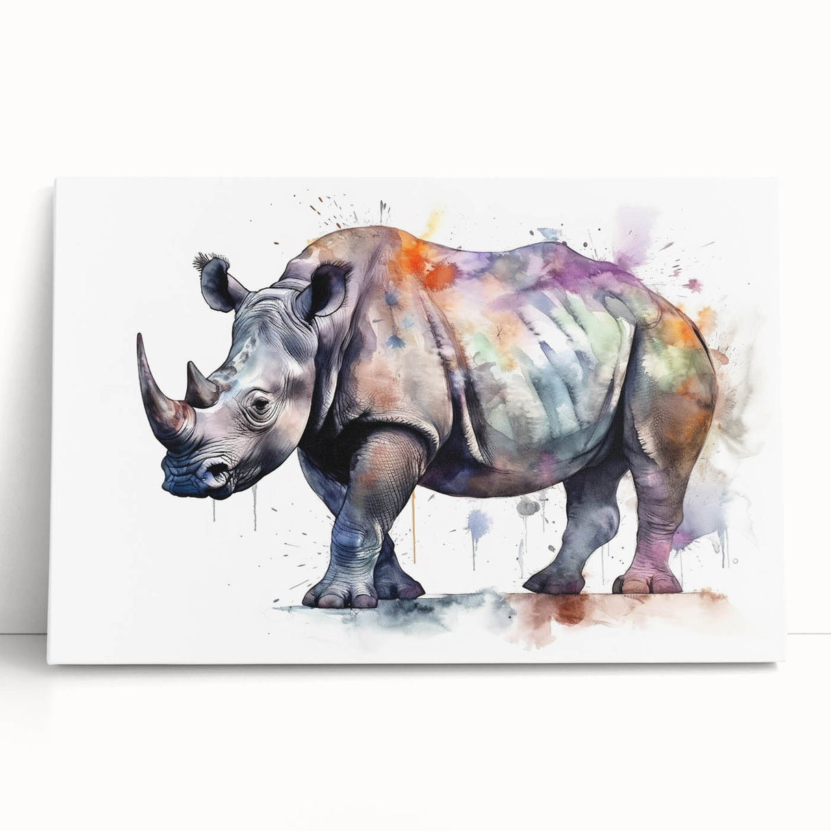 Stretched canvas wall art featuring a detailed design of a rhinoceros in a natural setting, ideal for wildlife enthusiasts and home decor. Perfect for adding an exotic touch to any room.