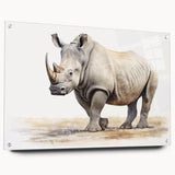 Acrylic glass wall art featuring a side view of a rhinoceros, showcasing intricate details and vibrant colors, ideal for wildlife enthusiasts and modern decor.