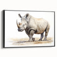 Framed wall art featuring a side view of a rhinoceros in a minimalist black design, perfect for wildlife decor in modern interiors. Ideal for animal lovers.