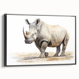 Framed wall art featuring a side view of a rhinoceros in a minimalist black design, perfect for wildlife decor in modern interiors. Ideal for animal lovers.