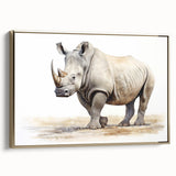 Framed canvas wall art depicting a side view of a majestic rhinoceros in a golden color palette, showcasing intricate details and textures, perfect for animal lovers and interior decor enthusiasts.
