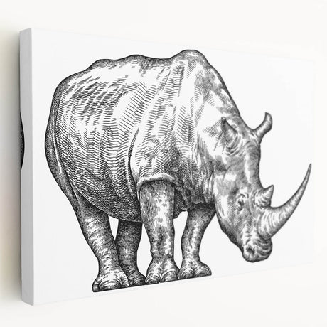 Side view of a stretched canvas showcasing a striking rhinoceros design, featuring earthy tones and intricate details, perfect for wildlife art enthusiasts.