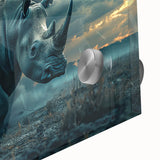 Close-up of a vibrant rhinoceros design wall art piece, showcasing intricate details and textures on acrylic glass, perfect for wildlife enthusiasts and modern decor.
