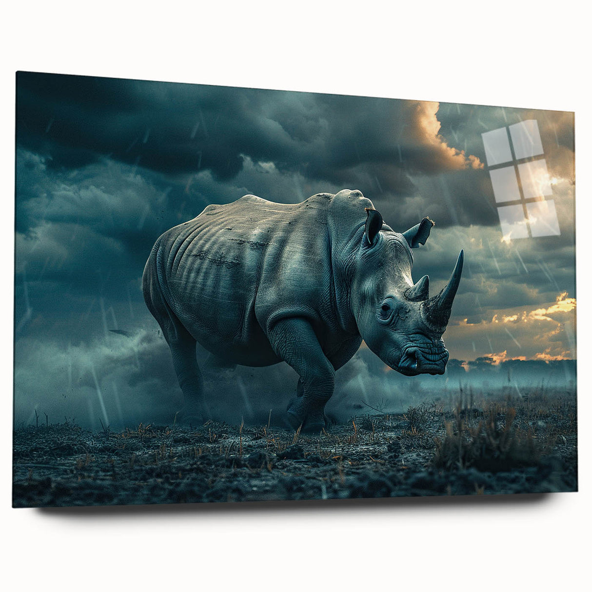Acrylic wall art showcasing a side view of a rhinoceros, featuring detailed textures and vibrant colors, perfect for wildlife enthusiasts and home decor.