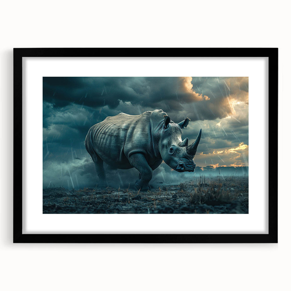 Black-framed wall art featuring a striking design of a rhinoceros set against a vibrant natural backdrop, perfect for wildlife enthusiasts and home decor.