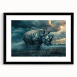 Black-framed wall art featuring a striking design of a rhinoceros set against a vibrant natural backdrop, perfect for wildlife enthusiasts and home decor.
