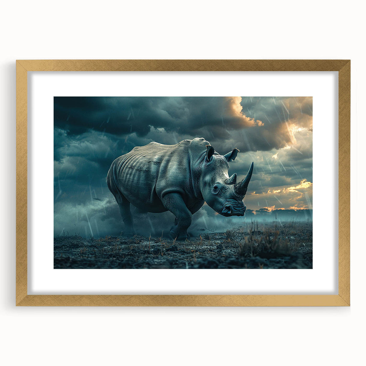 Framed wall art showcasing a detailed gold mat design featuring a rhinoceros, perfect for wildlife enthusiasts and home decor, highlighting the animal's majestic presence.
