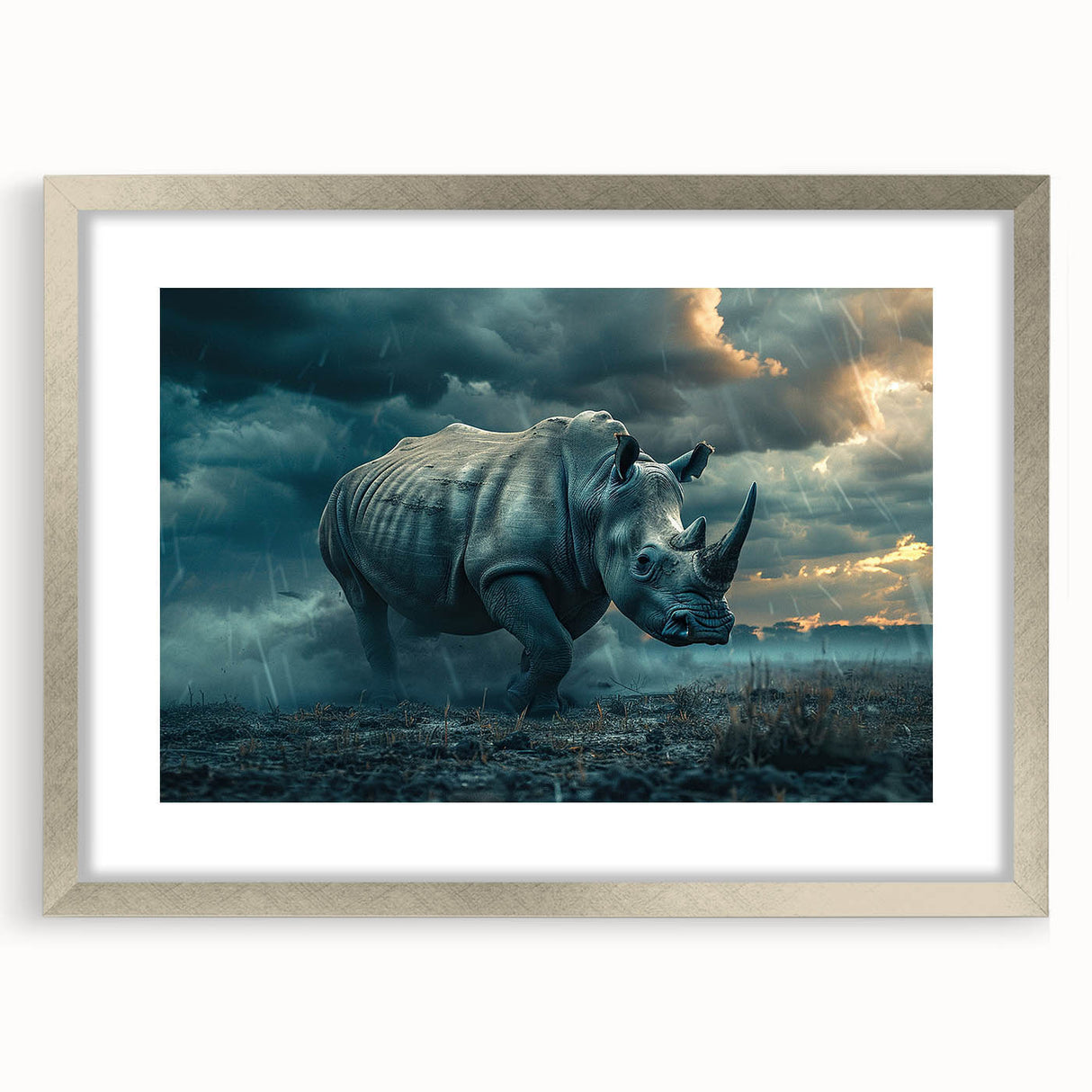 Framed wall art design showcasing a silver mat and a striking rhinoceros illustration, perfect for wildlife enthusiasts and home decor accents.