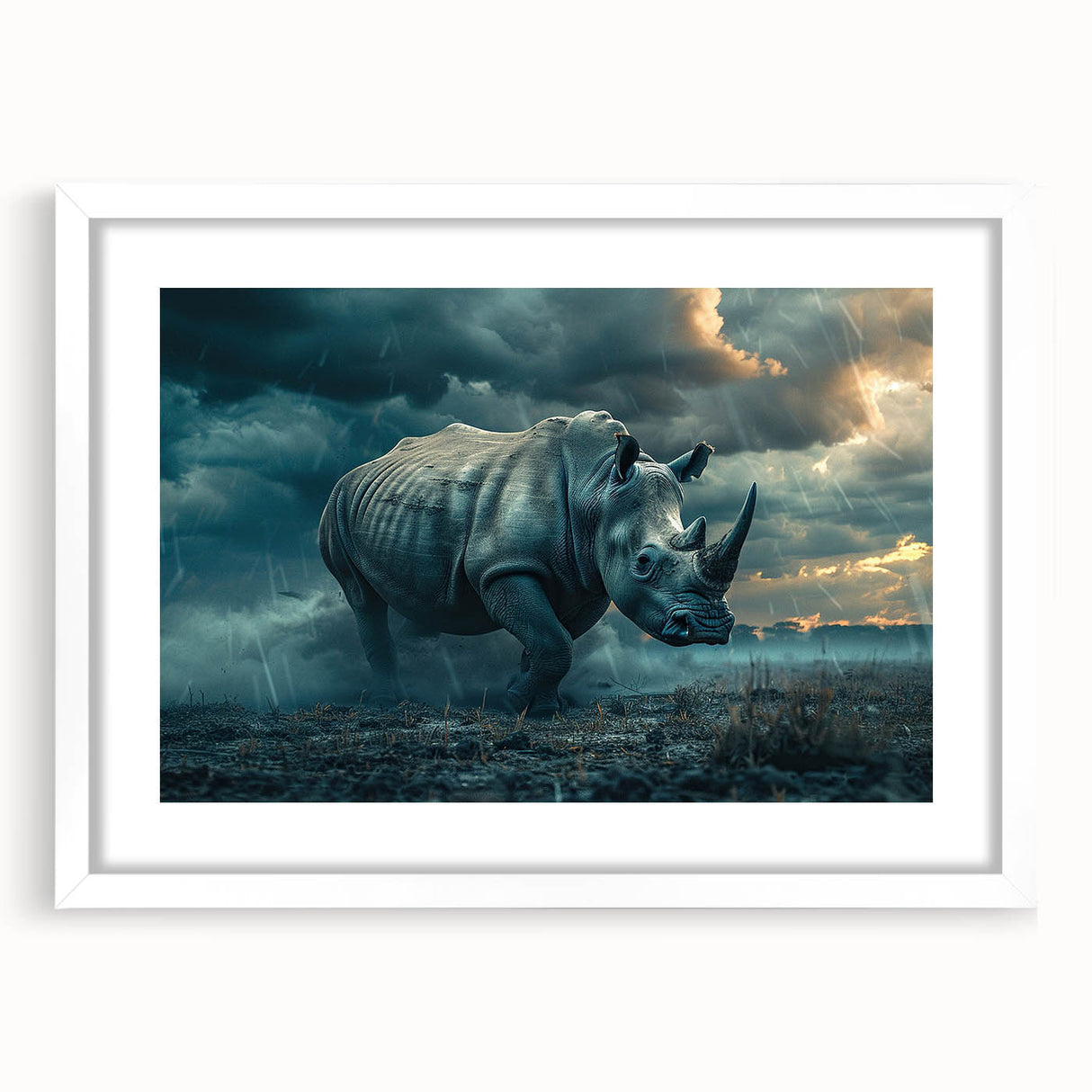 Front view of a framed white mat wall art featuring a detailed rhinoceros design, perfect for wildlife enthusiasts and home decor, showcasing fine artistry and vibrant colors.