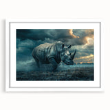 Front view of a framed white mat wall art featuring a detailed rhinoceros design, perfect for wildlife enthusiasts and home decor, showcasing fine artistry and vibrant colors.