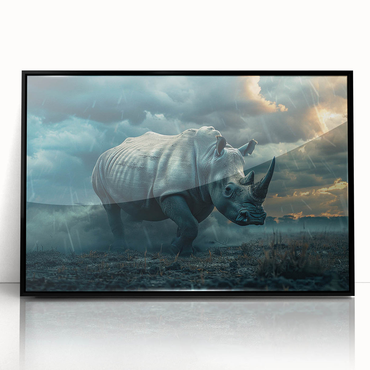 Framed acrylic wall art showcasing a striking black rhinoceros design, perfect for wildlife enthusiasts. This piece adds a bold statement to any decor.